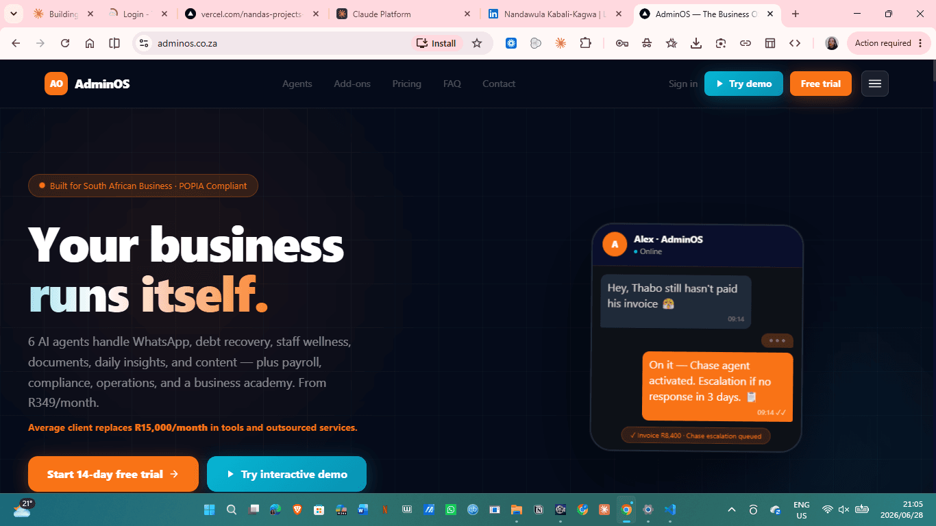 The homepage — a live WhatsApp chat demo