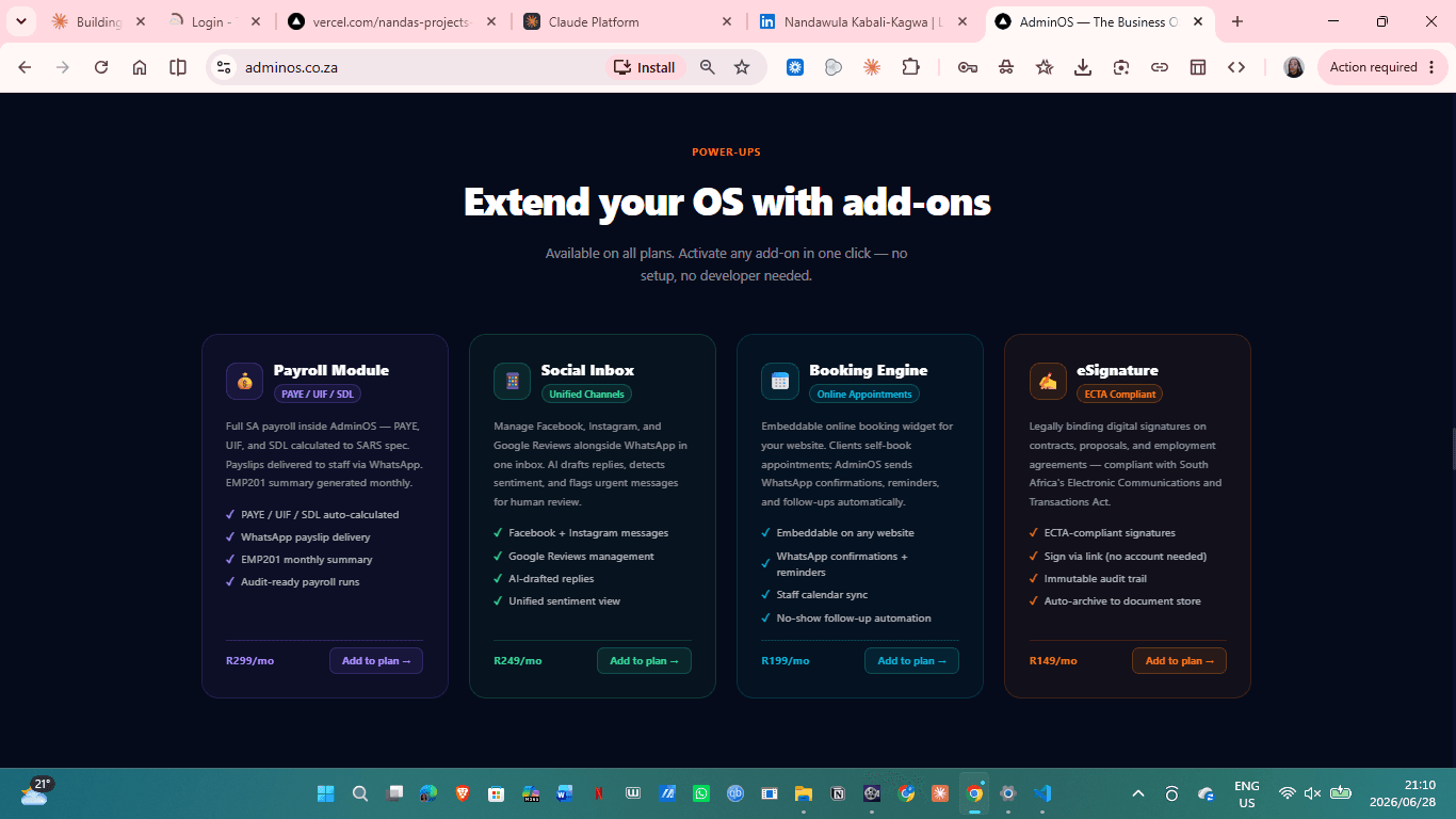 Add-ons: payroll, social inbox, booking, eSignature