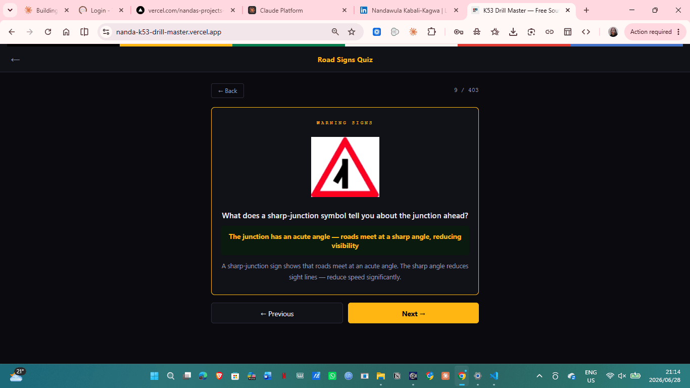 Road-signs quiz with a plain-language explanation
