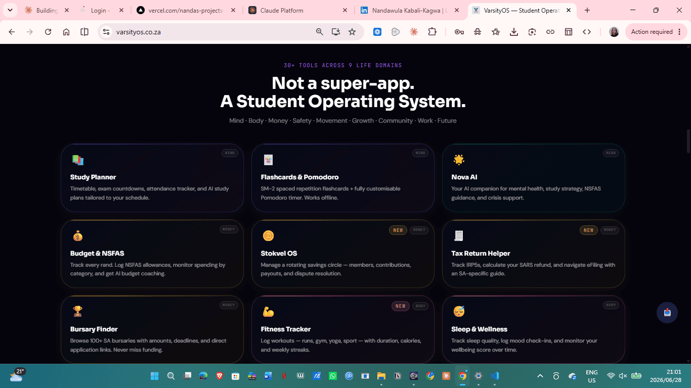 Tools grid: Study Planner, NSFAS, Stokvel, Nova AI
